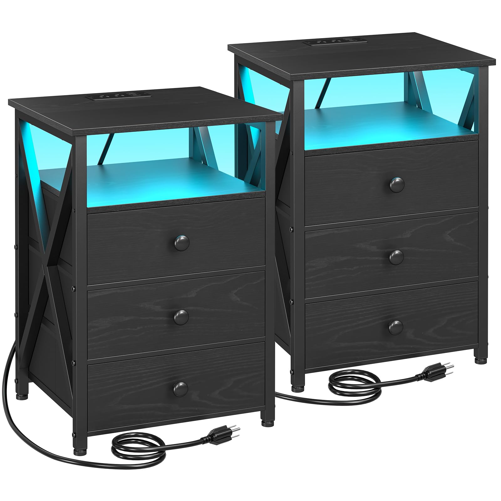 AMHANCIBLE LED Bedside Table Set of 2, Night Stands with Charging
